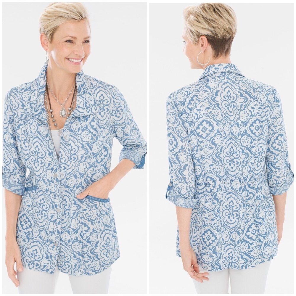 Chico's Blue‎ Medallion-Print Utility Jacket Medium Chico's 1 Casual Coastal